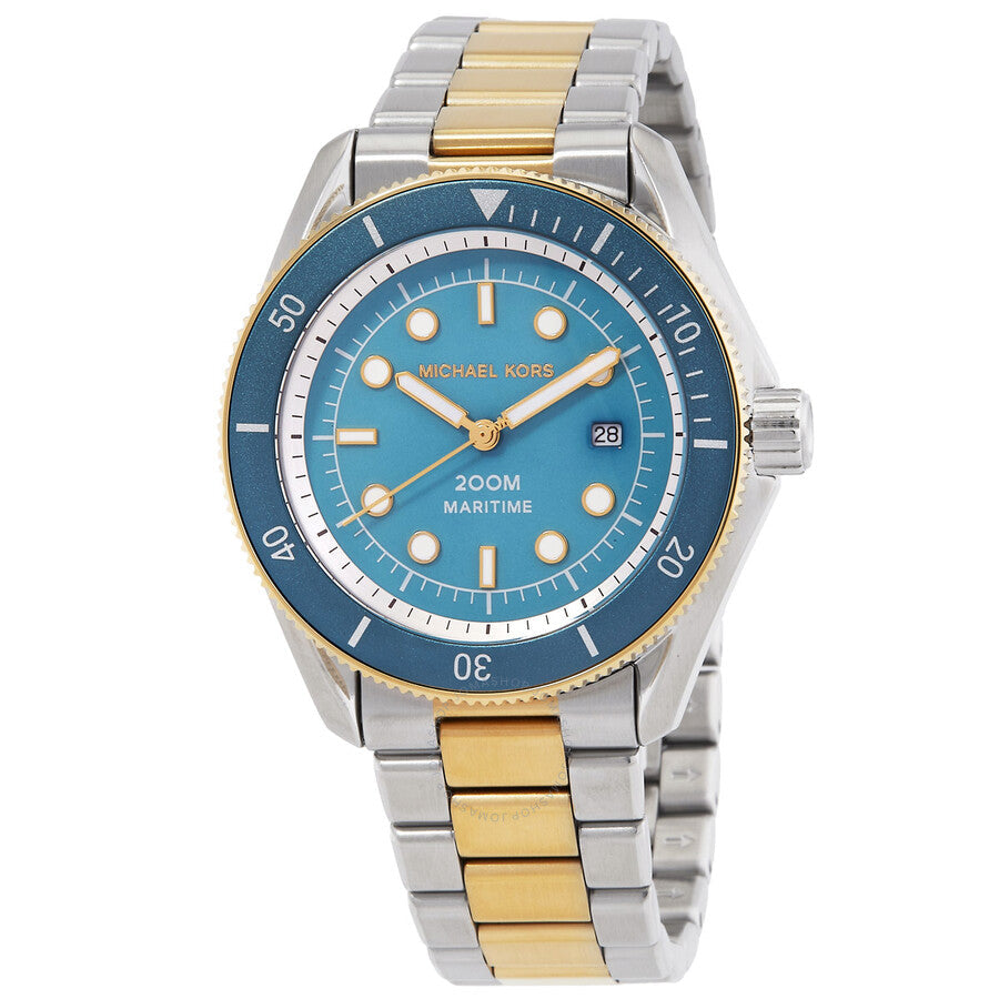 Michael Kors Maritime quartz watch with blue dial, gold bezel, two-tone bracelet, and date window