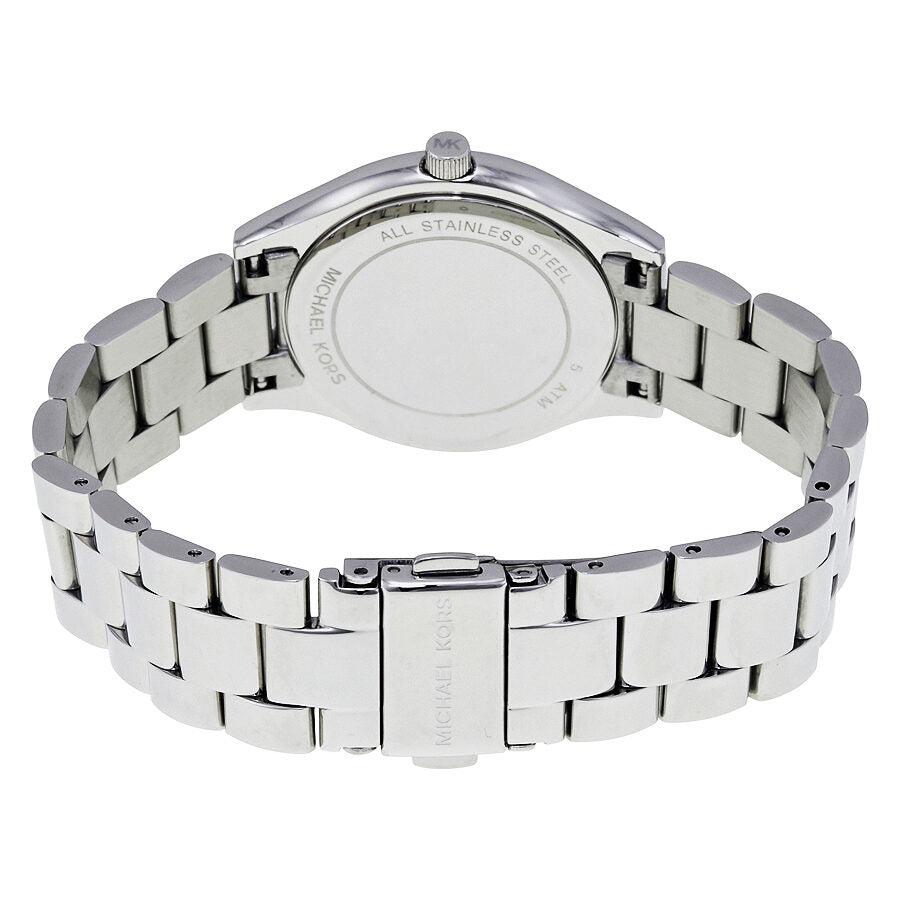 Michael Kors Mini Slim Runway watch caseback with stainless steel bracelet