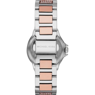 Michael Kors MK6846 caseback showing silver and rose gold two-tone bracelet