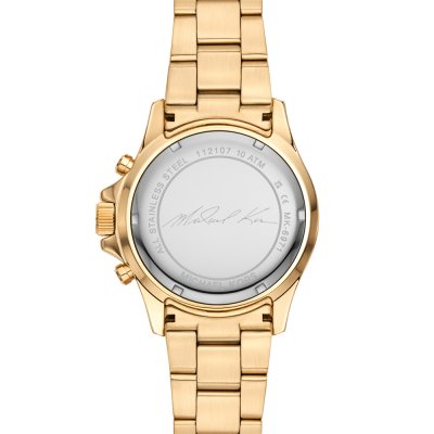 Michael Kors MK6971 Everest caseback detail with engraved signature and chronograph pushers