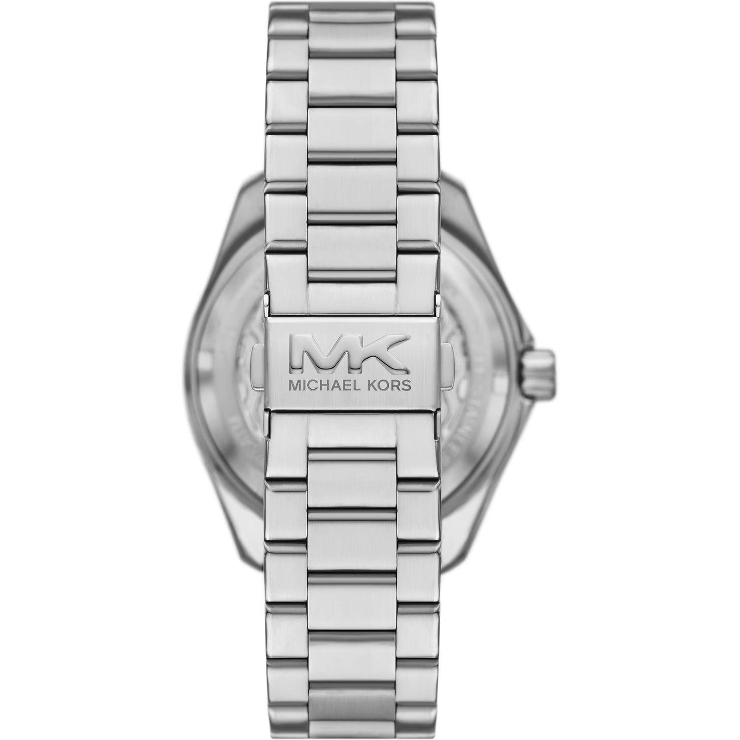 MK9160 watch caseback showing Michael Kors branding and silver stainless steel bracelet