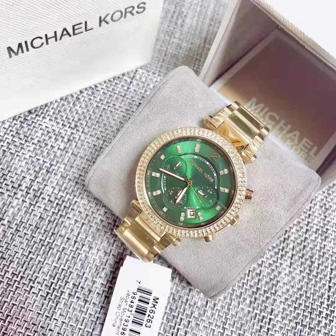 Michael Kors Parker Chronograph Green Dial Gold Ladies Watch MK6263