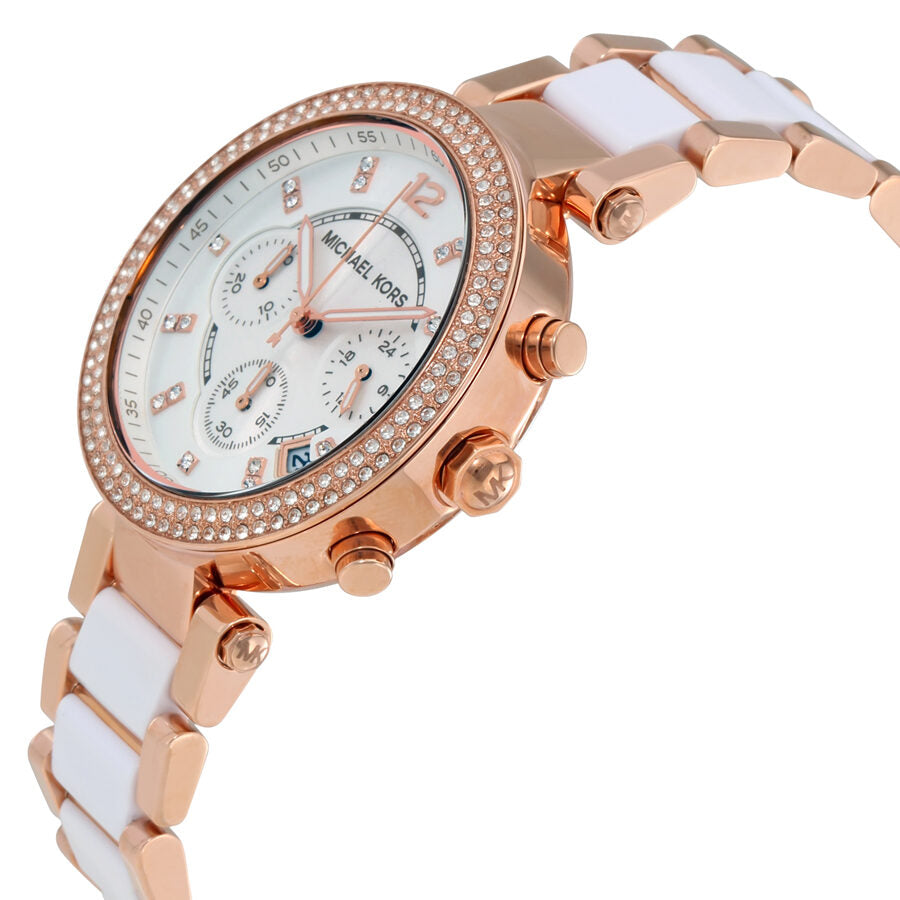 Parker chronograph watch at angle showing white dial, rose gold case, white ceramic strap
