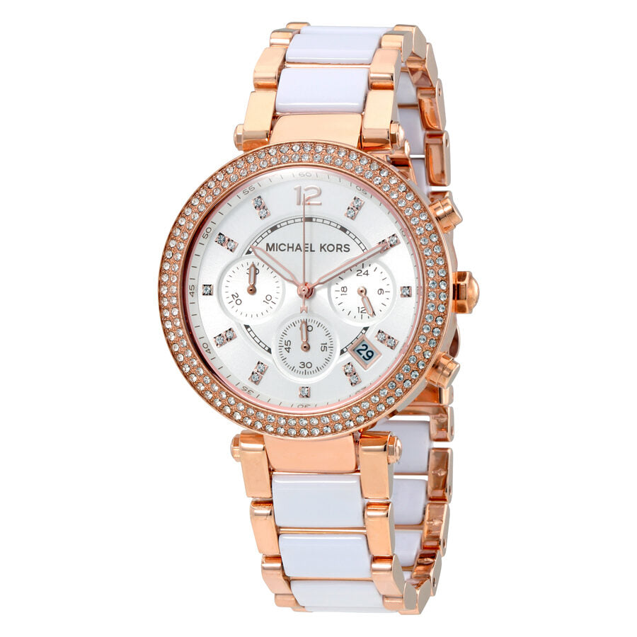 Parker chronograph watch with white dial, rose gold and white ceramic bracelet, crystal bezel