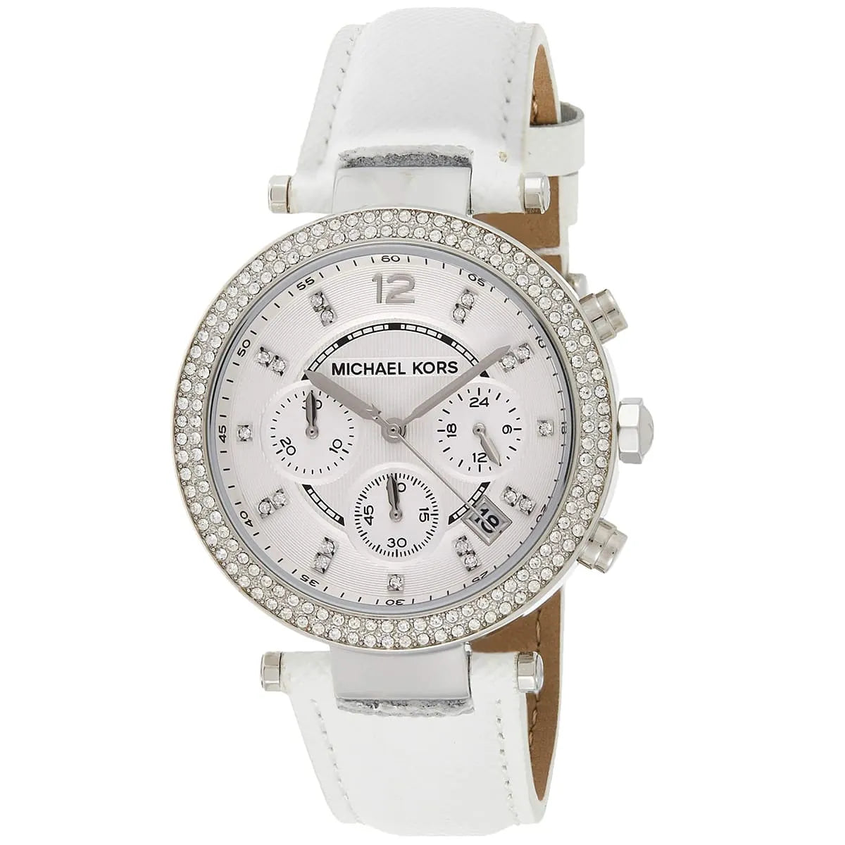 Michael Kors Parker MK2277 three-quarter view showing white leather strap and crystal-set bezel