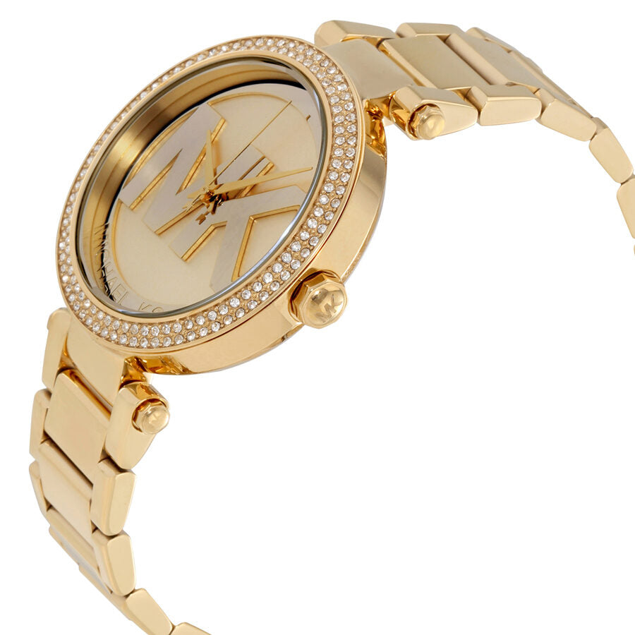 Michael Kors Parker watch angled view showing champagne dial and gold-tone bracelet