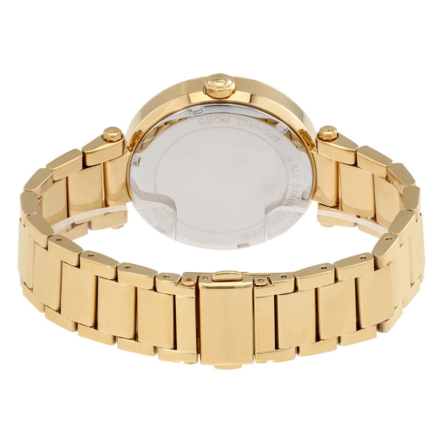 Michael Kors Parker watch caseback showing gold-tone stainless steel case and bracelet