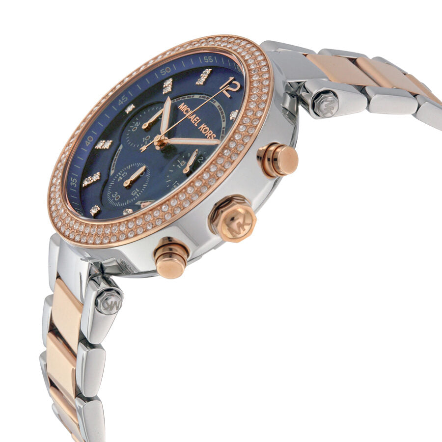Side angle view of Parker chronograph with diamond-set bezel and two-tone bracelet