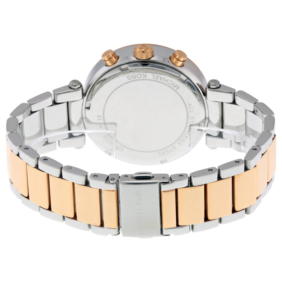 Back view of Parker chronograph showing two-tone stainless steel bracelet and caseback