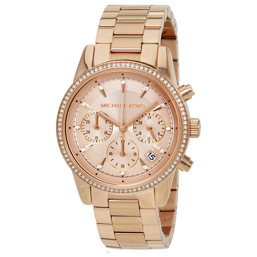 Michael Kors Ritz rose gold chronograph watch with diamond bezel and rose dial