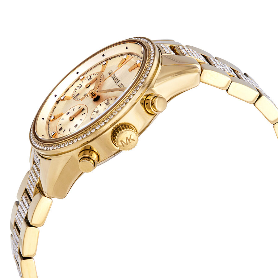 Side angle view of Michael Kors Ritz watch showing crystal-paved bezel and chronograph subdials