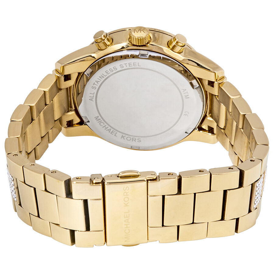 Michael Kors Ritz watch caseback showing stainless steel construction and engraved text
