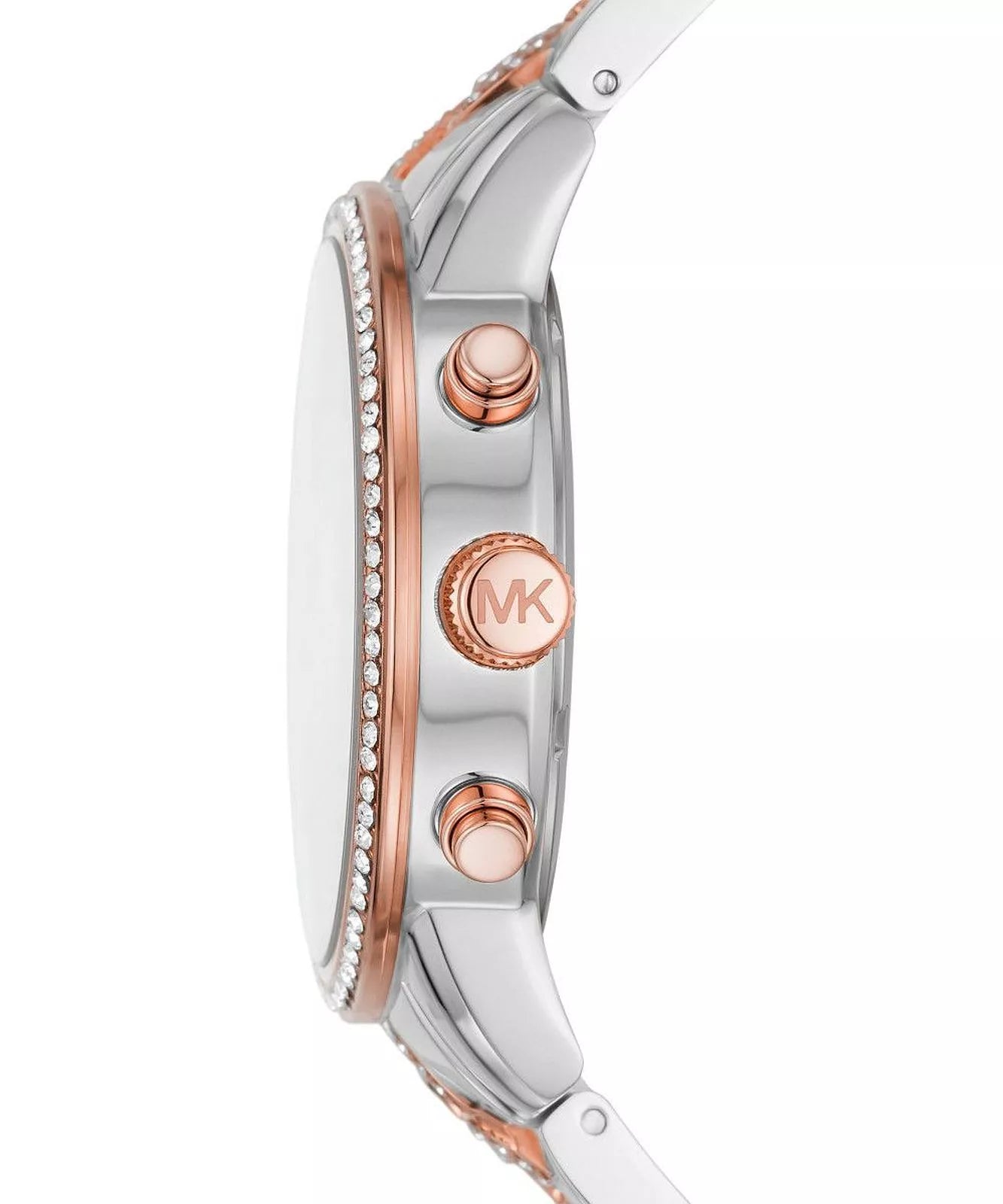 Michael Kors Ritz chronograph watch side profile with diamond-set rose gold bezel