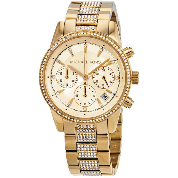 Michael Kors Ritz Pave Chronograph Crystal Gold Dial Ladies Watch MK6484 - Big Daddy Jewelry