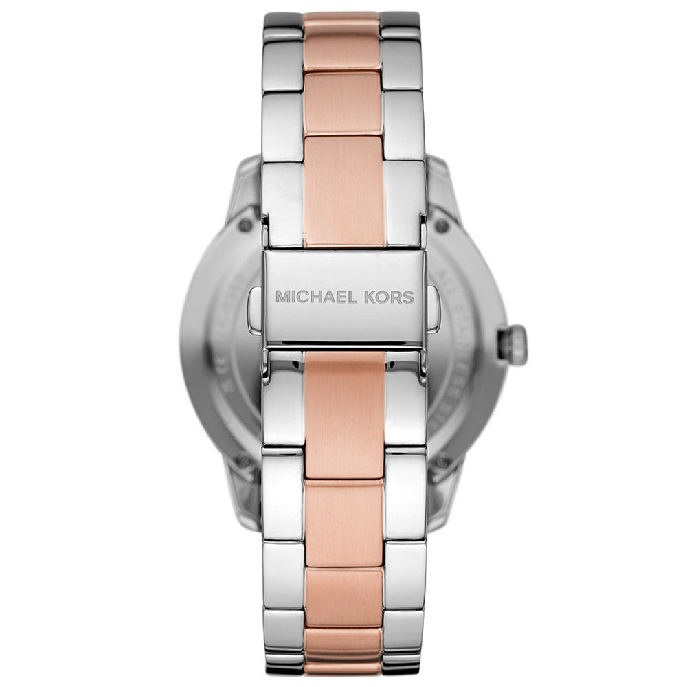 Michael Kors Runway MK6960 caseback view with stainless steel and rose gold-tone links