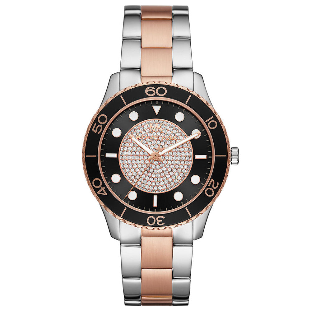 Michael Kors Runway MK6960 ladies watch with black dial, crystal accents, and two-tone bracelet