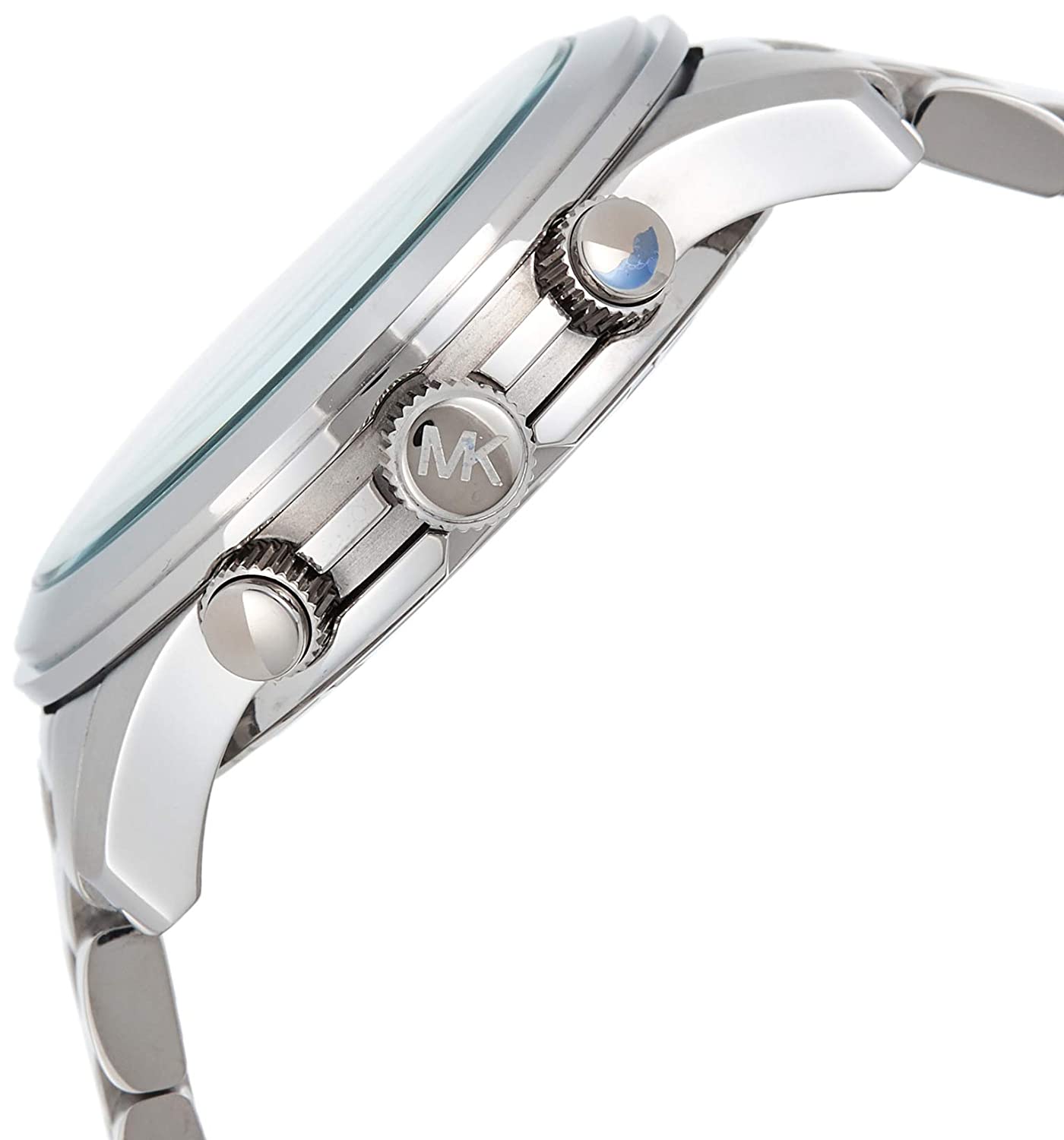 Side angle view of Michael Kors Runway chronograph watch showing silver-tone case and chronograph pushers