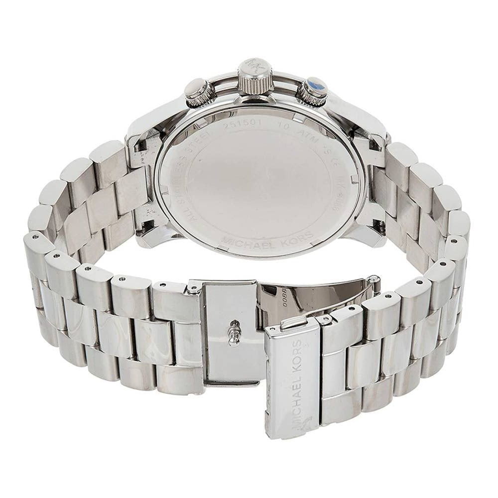 Back view of Michael Kors Runway chronograph watch showing stainless steel case back and bracelet