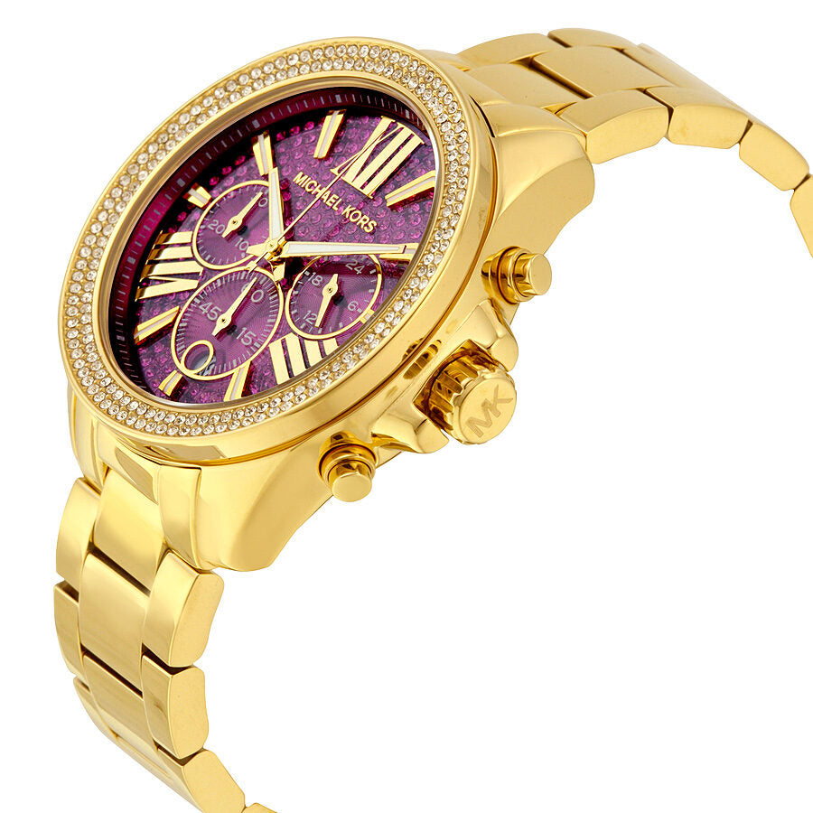 Michael Kors Wren gold-tone stainless steel watch with fuchsia dial shown at angle