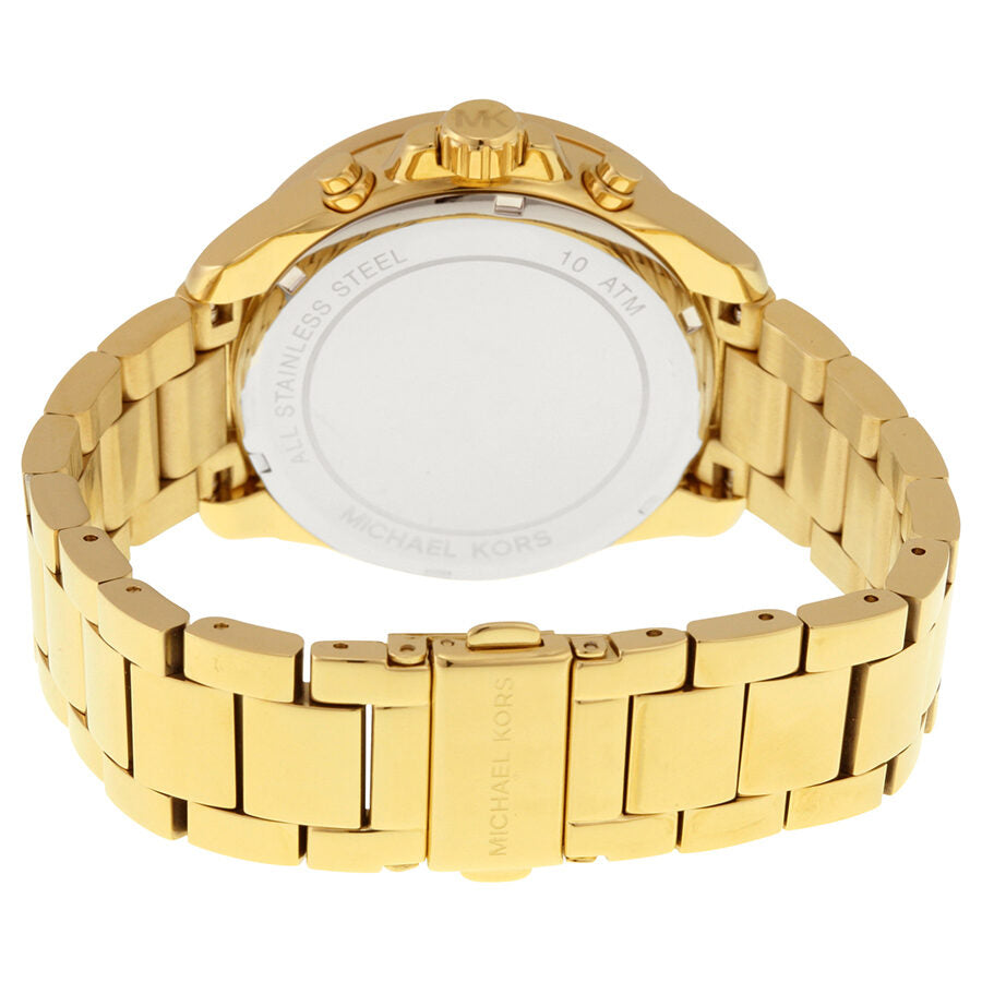 Michael Kors Wren watch caseback showing gold-tone stainless steel bracelet