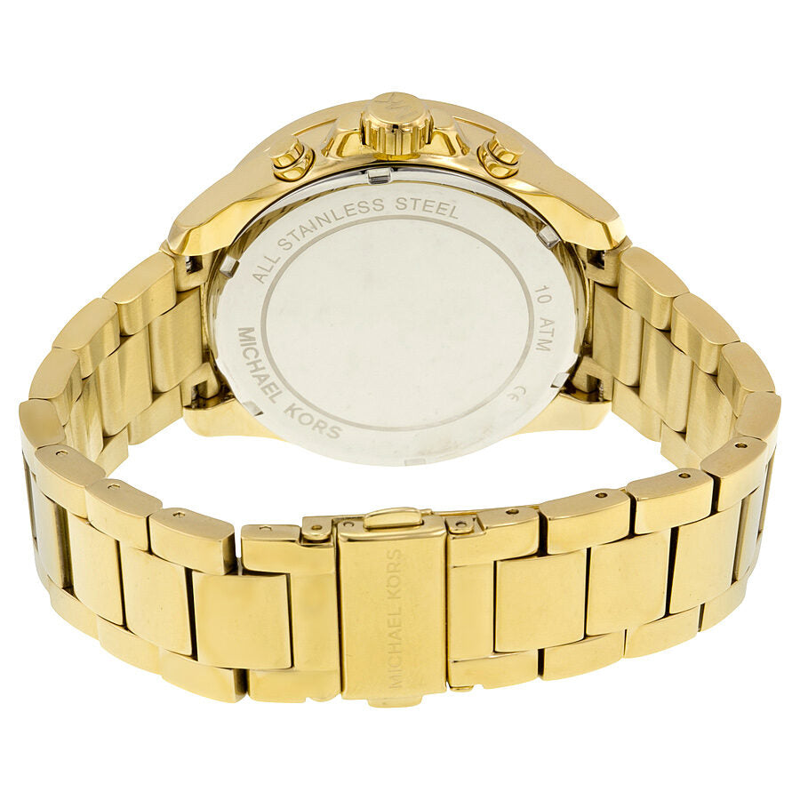 Back view of Michael Kors Wren watch showing stainless steel caseback and fold-over clasp bracelet