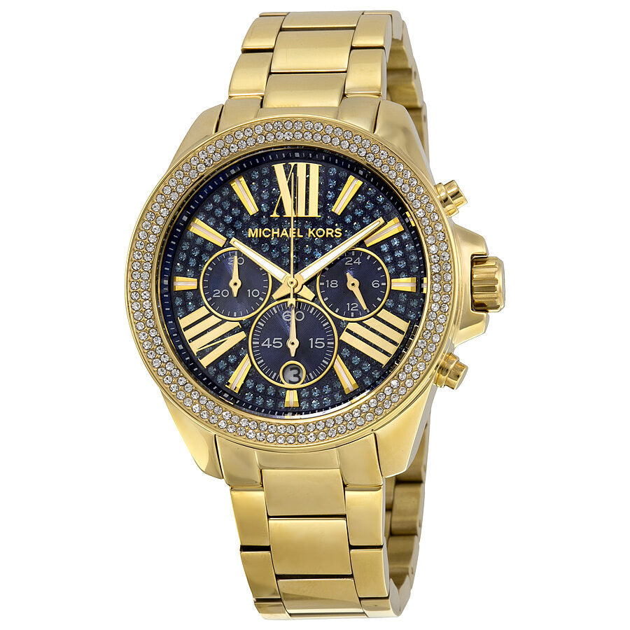 Michael Kors Wren chronograph watch with blue dial, gold Roman numerals, crystal pave bezel and gold-tone bracelet