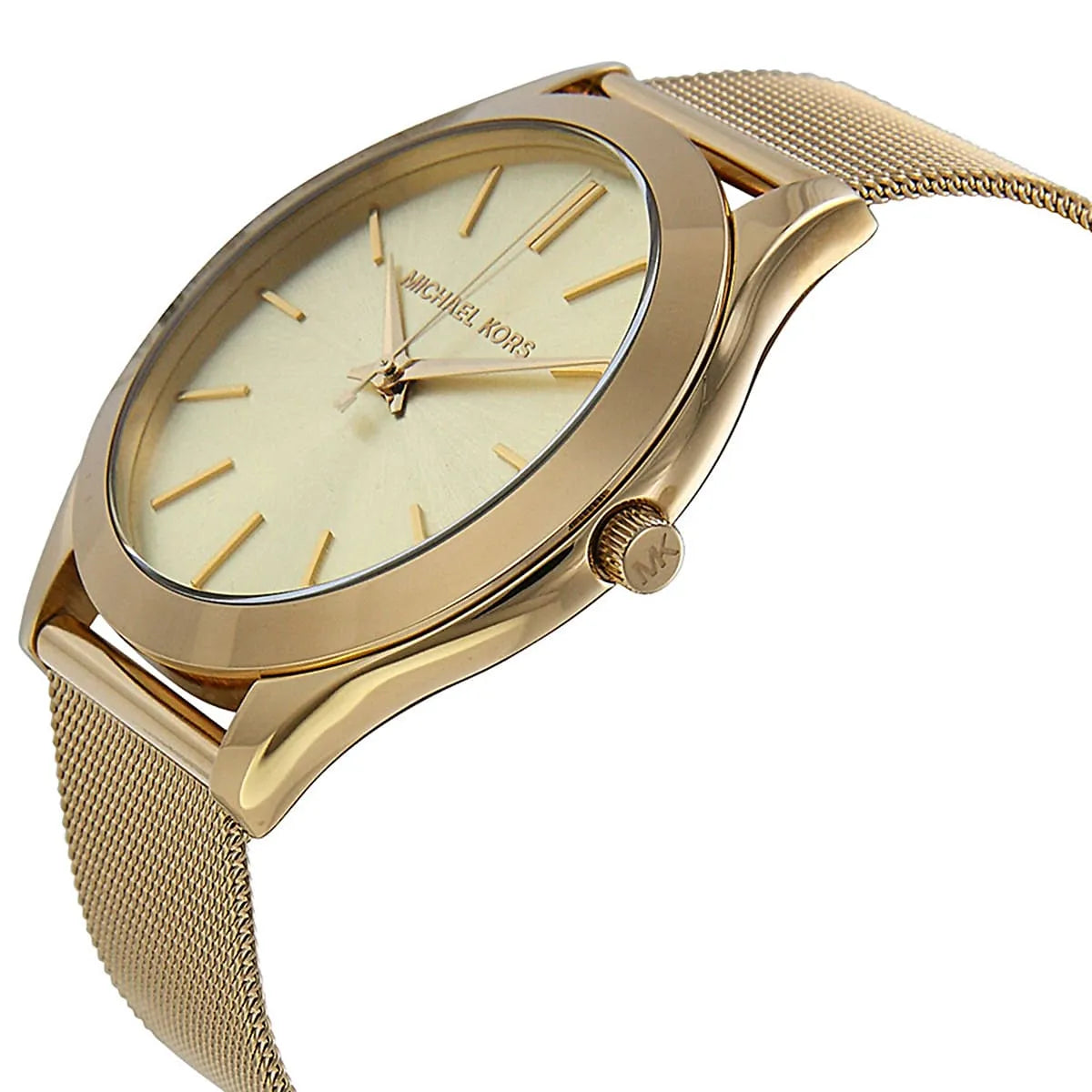 Michael Kors MK3282 Slim Runway gold watch side profile with gold mesh band
