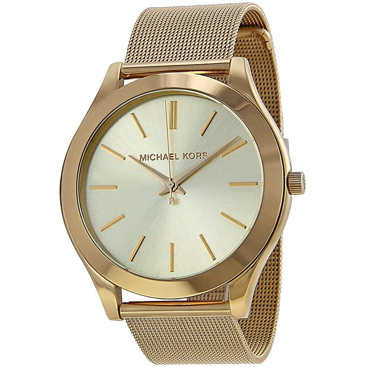 Michael Kors MK3282 Slim Runway watch with gold mesh strap on wrist, angled view