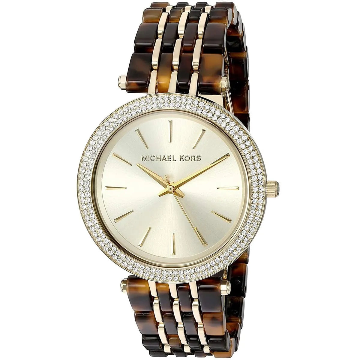 Michael Kors Darci watch at angle showing gold dial and tortoise striped strap