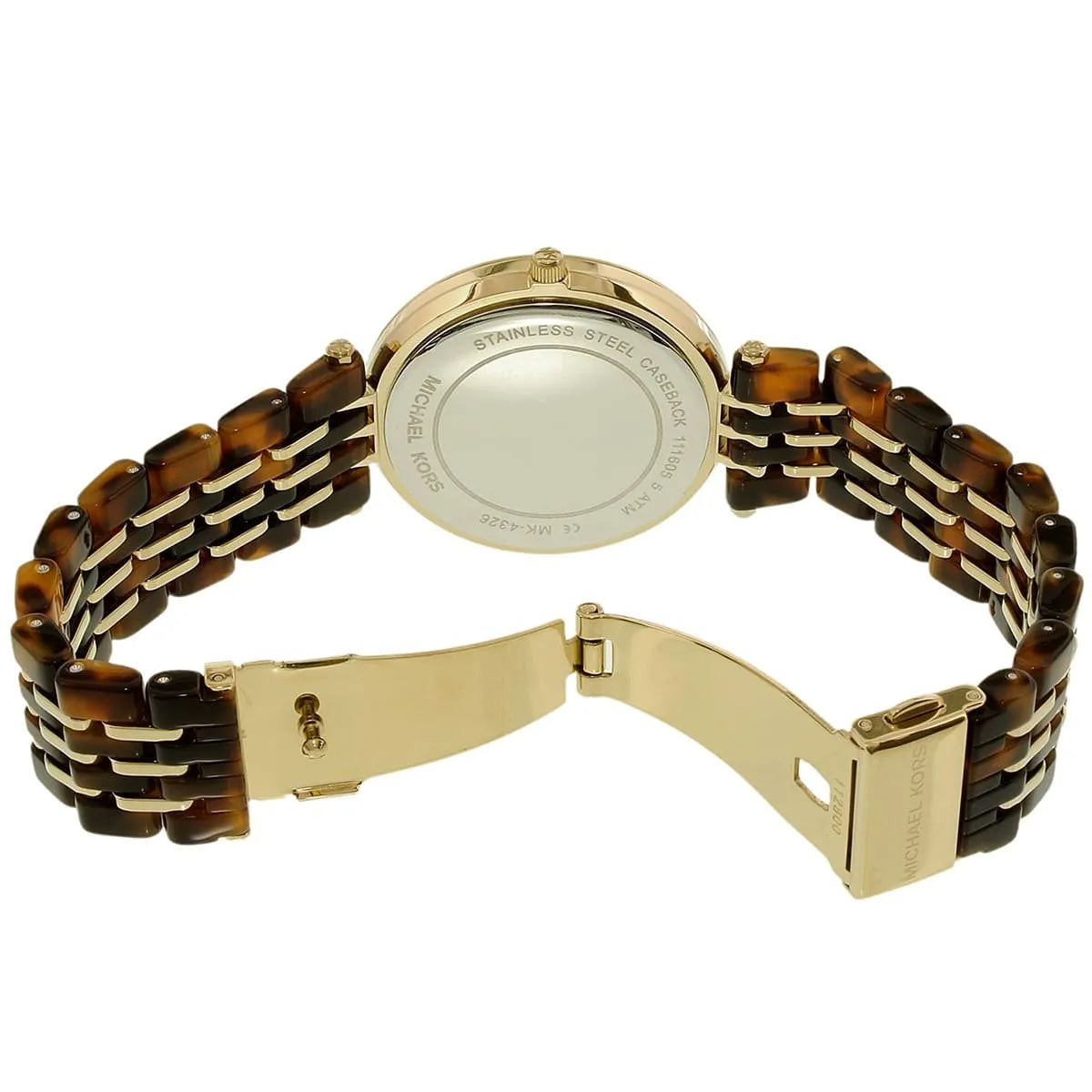 Tortoise acetate strap with gold-tone links and fold-over clasp detail