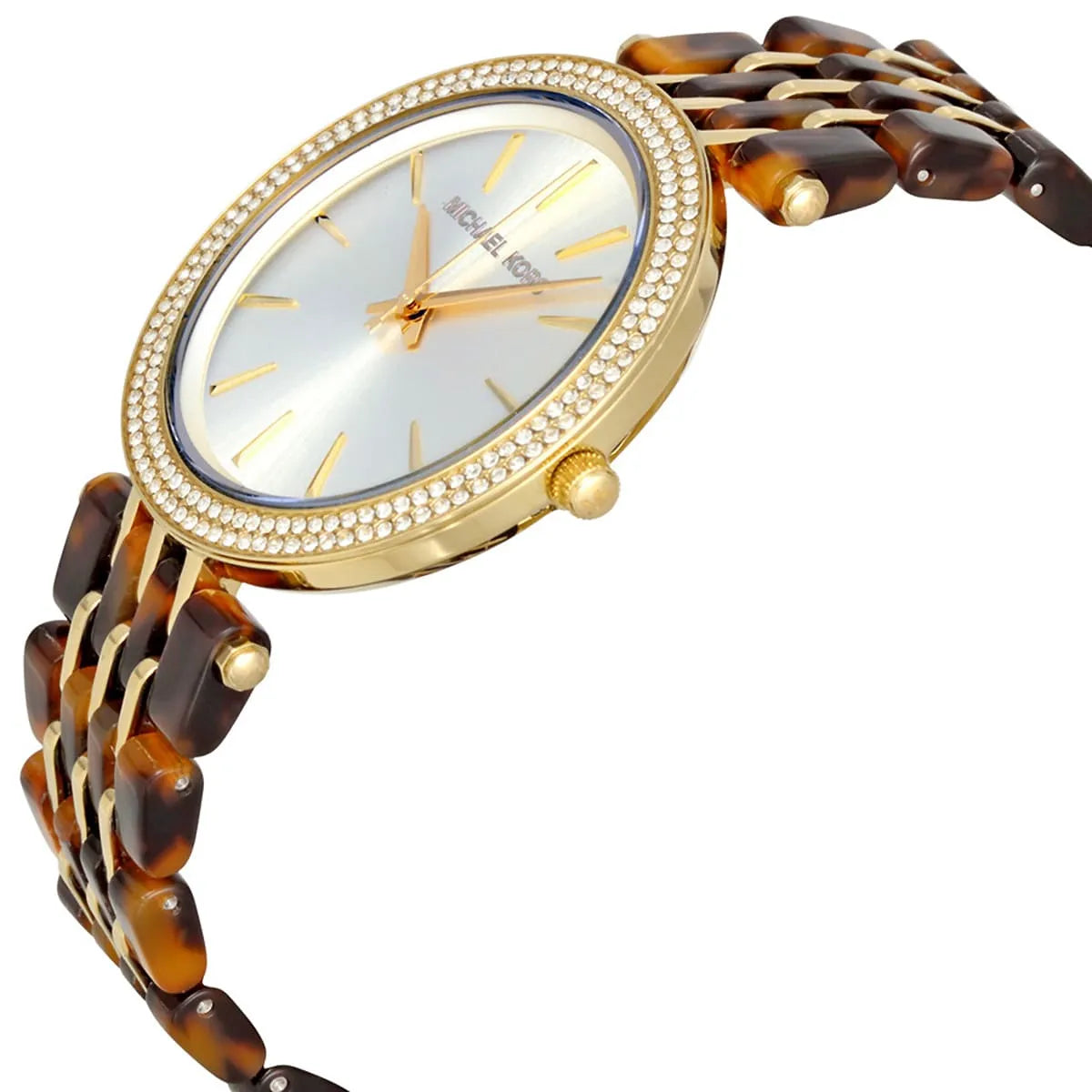 Michael Kors Darci watch on wrist with tortoise acetate strap and gold case