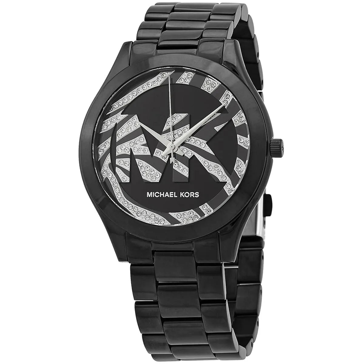 Michael Kors MK4562 watch at three-quarter angle showing crystal-adorned dial and metal band