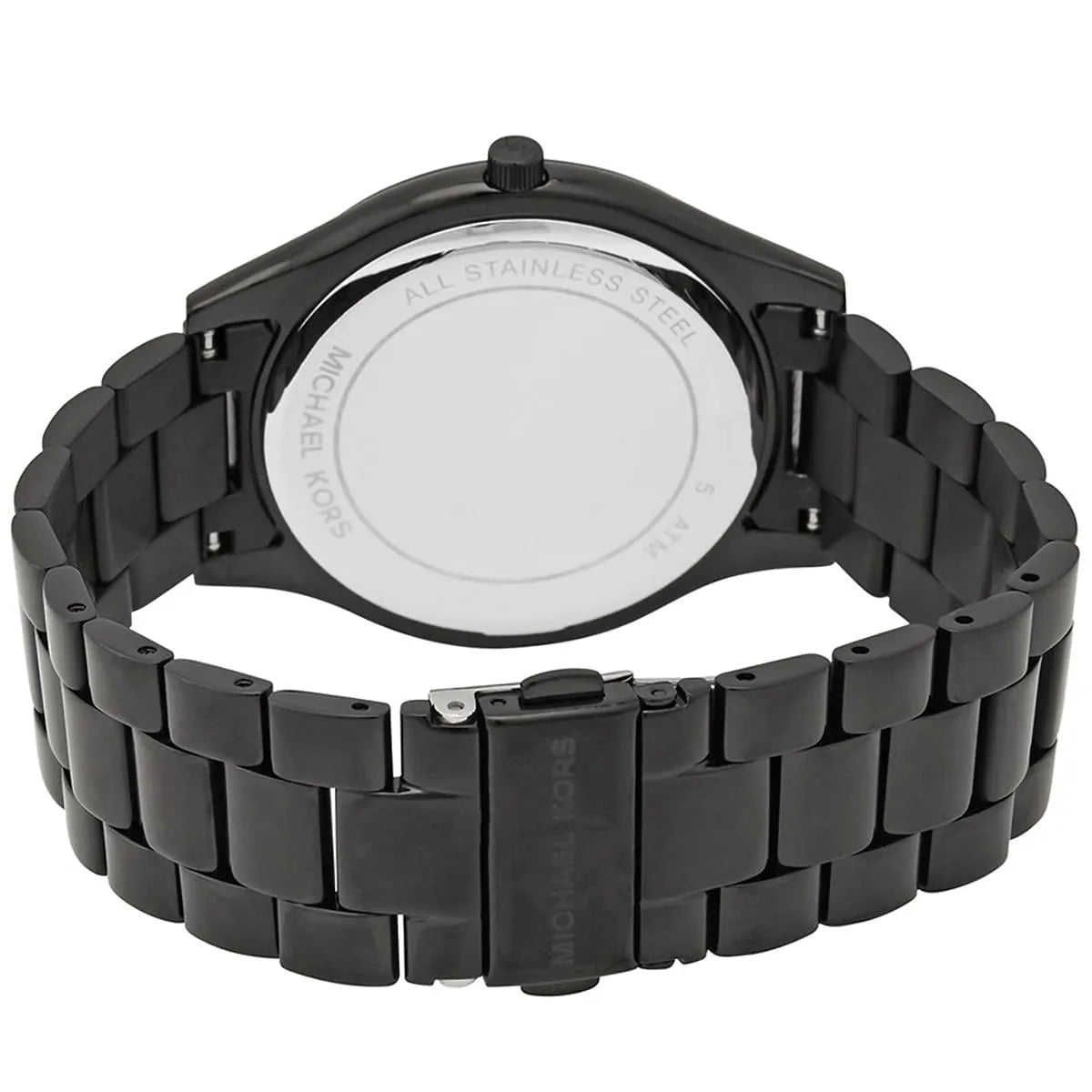 Rear view of Michael Kors MK4562 displaying caseback details and metal bracelet clasp