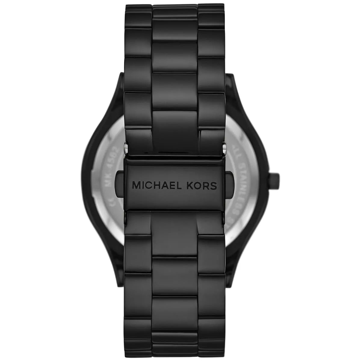 Back view of Michael Kors watch showing caseback with brand engraving and stainless steel band