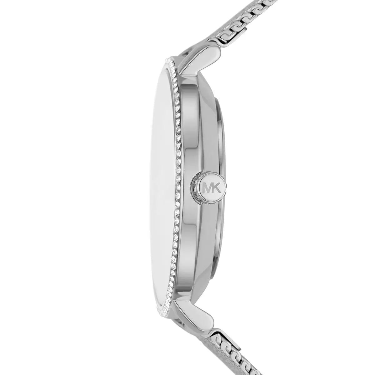 Side profile of Michael Kors Mini Pyper watch showing case thickness and mesh strap