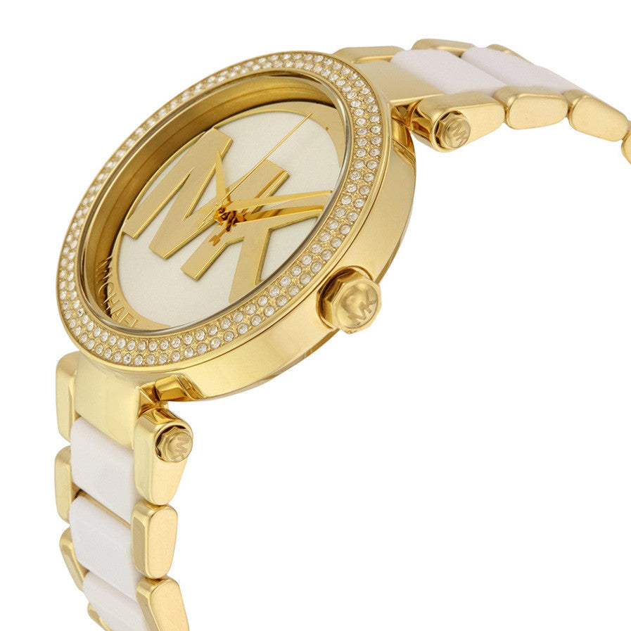 Michael Kors Parker watch angled view showing gold case and white strap detail