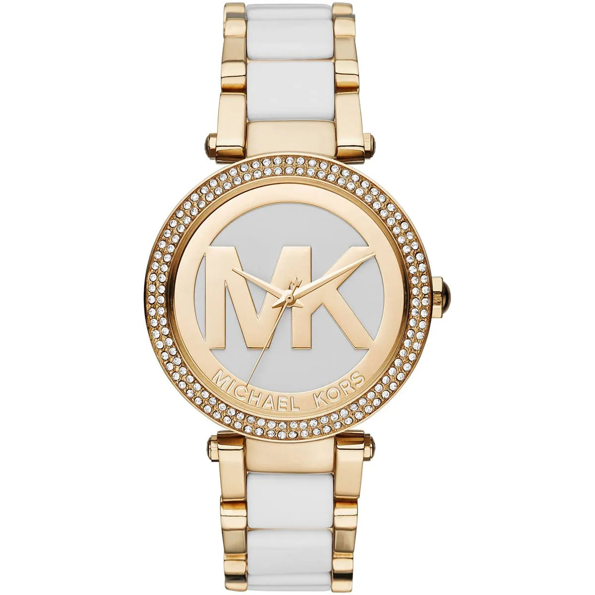 Michael Kors Parker gold women's watch with crystal bezel and white strap
