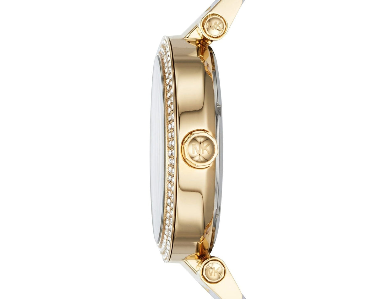 Michael Kors Parker watch side profile with crystal bezel and gold links
