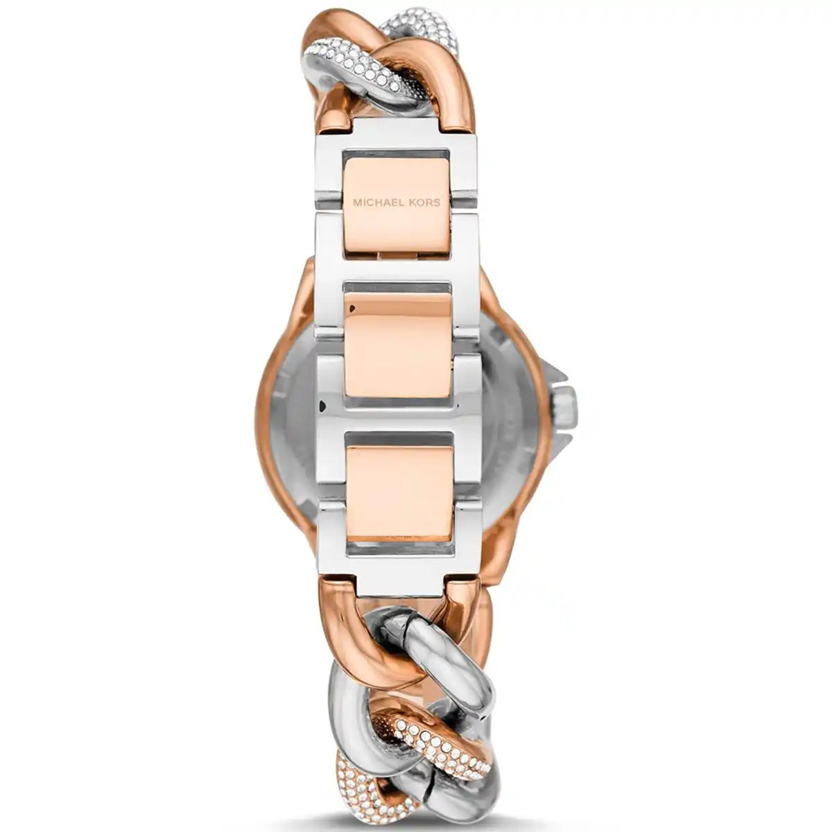 Back view of Camille watch showing rose gold and silver mixed metal strap with rectangular links