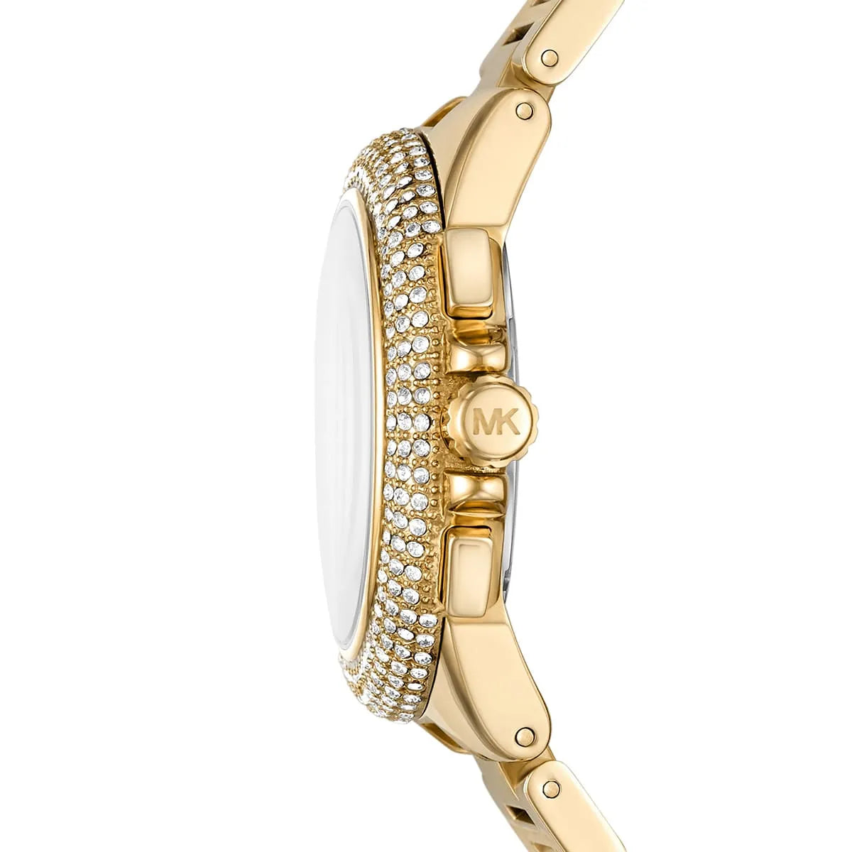 Side profile of Michael Kors Camille watch showing crystal-set bezel and stainless steel band