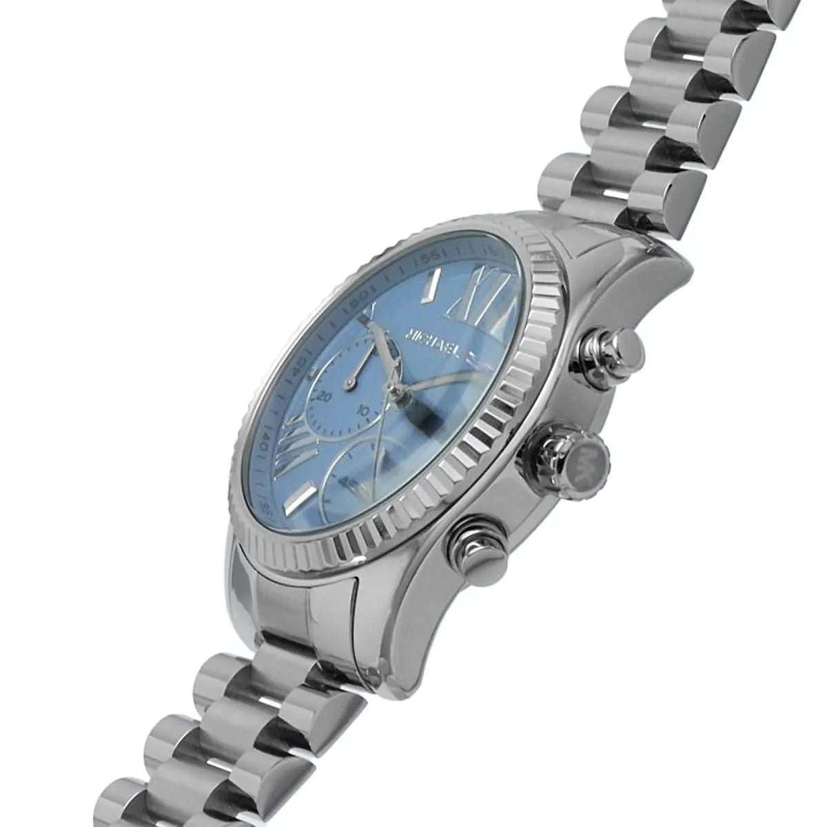 Michael Kors Lexington MK7215 watch side profile with blue dial and three-link stainless steel strap