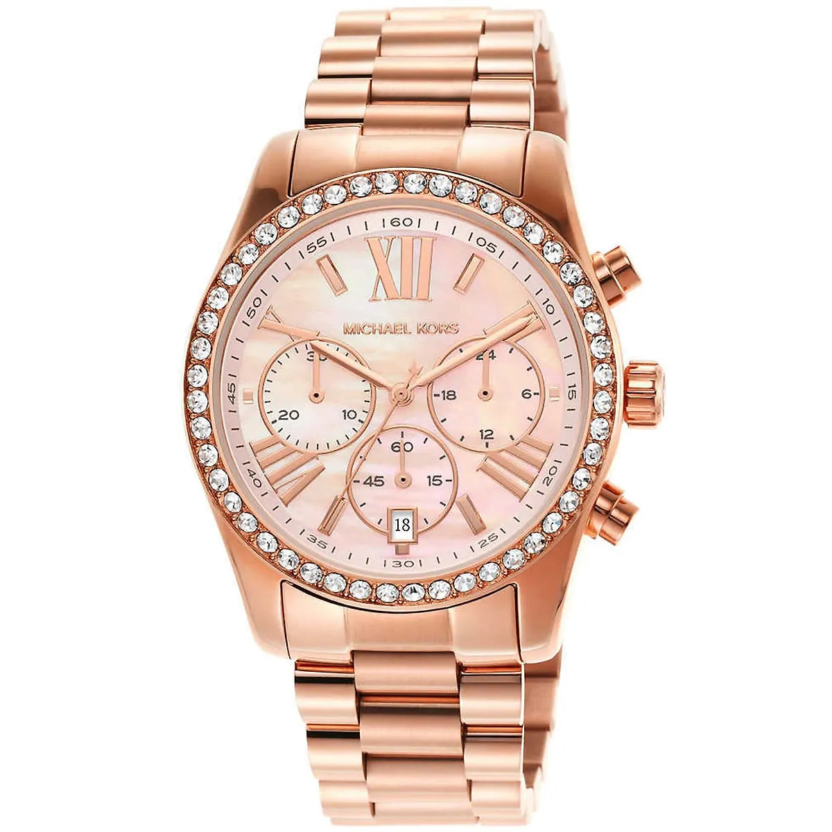 Michael Kors Lexington chronograph with rose-gold case, crystal-set bezel, and pink dial
