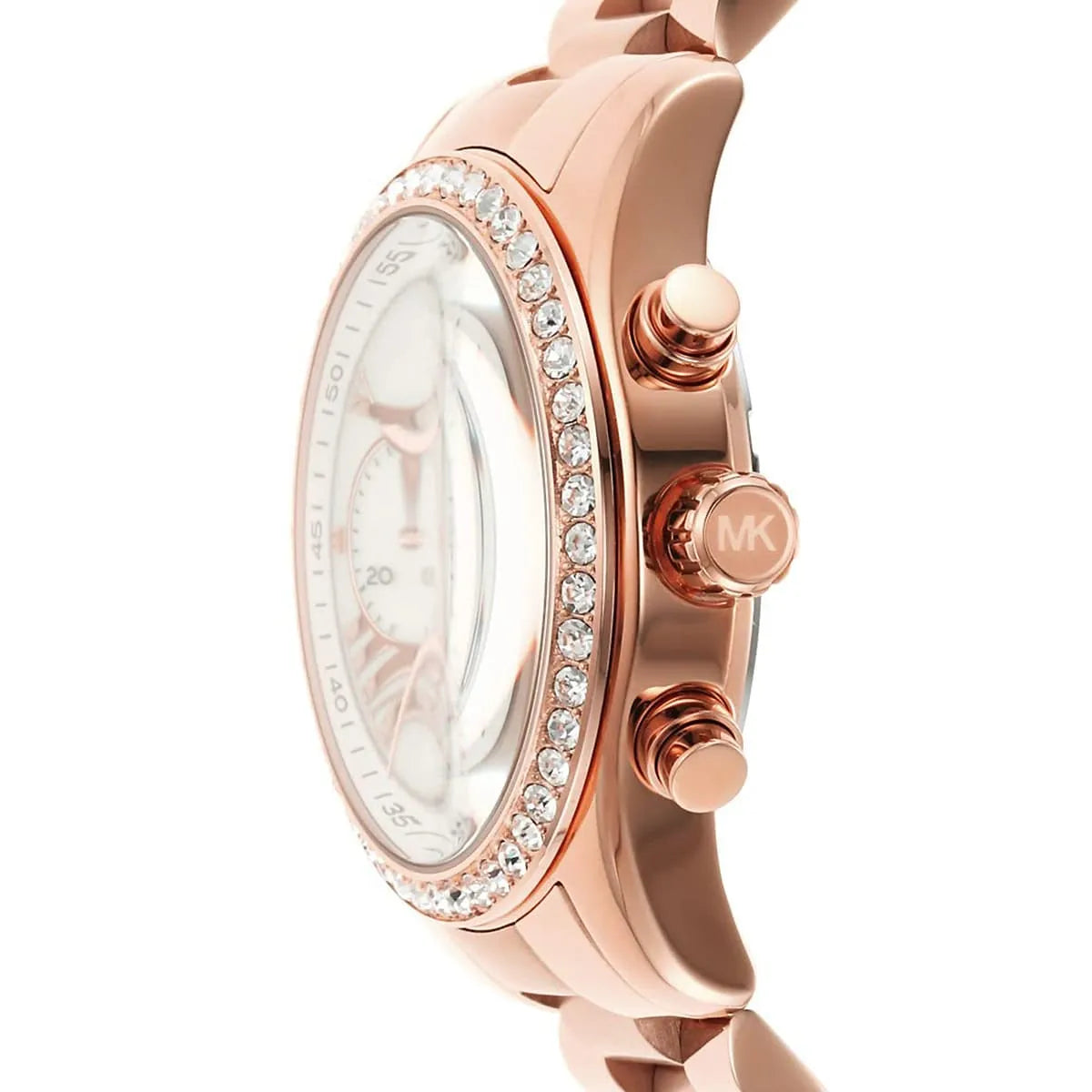 Michael Kors Lexington chronograph case side view with crystal bezel and rose-gold finish
