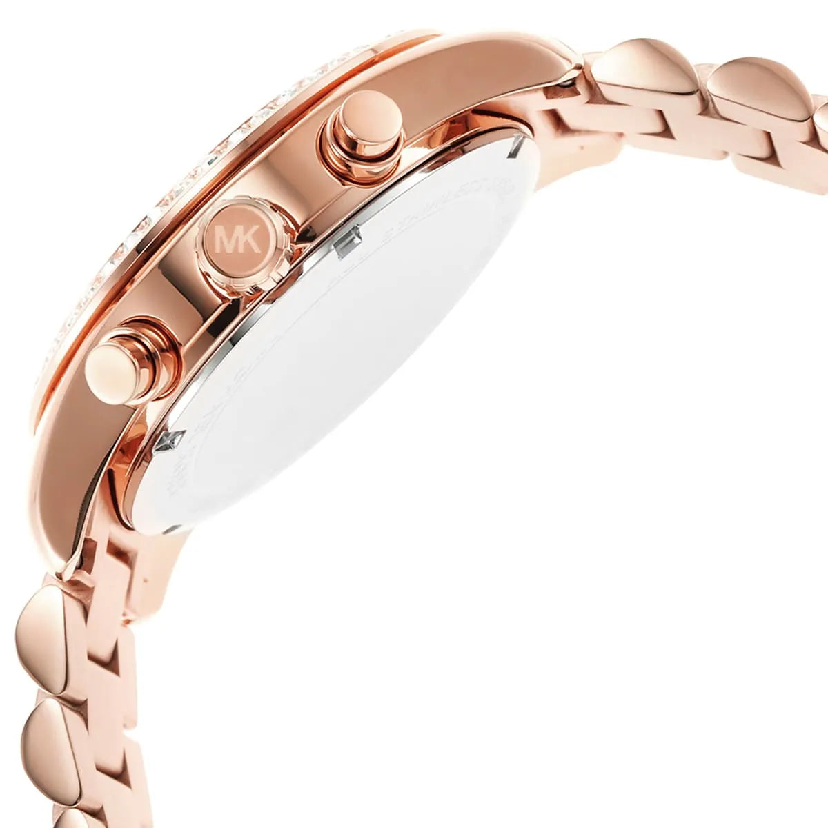 Michael Kors Lexington watch side profile with chronograph pushers and rose-gold bracelet