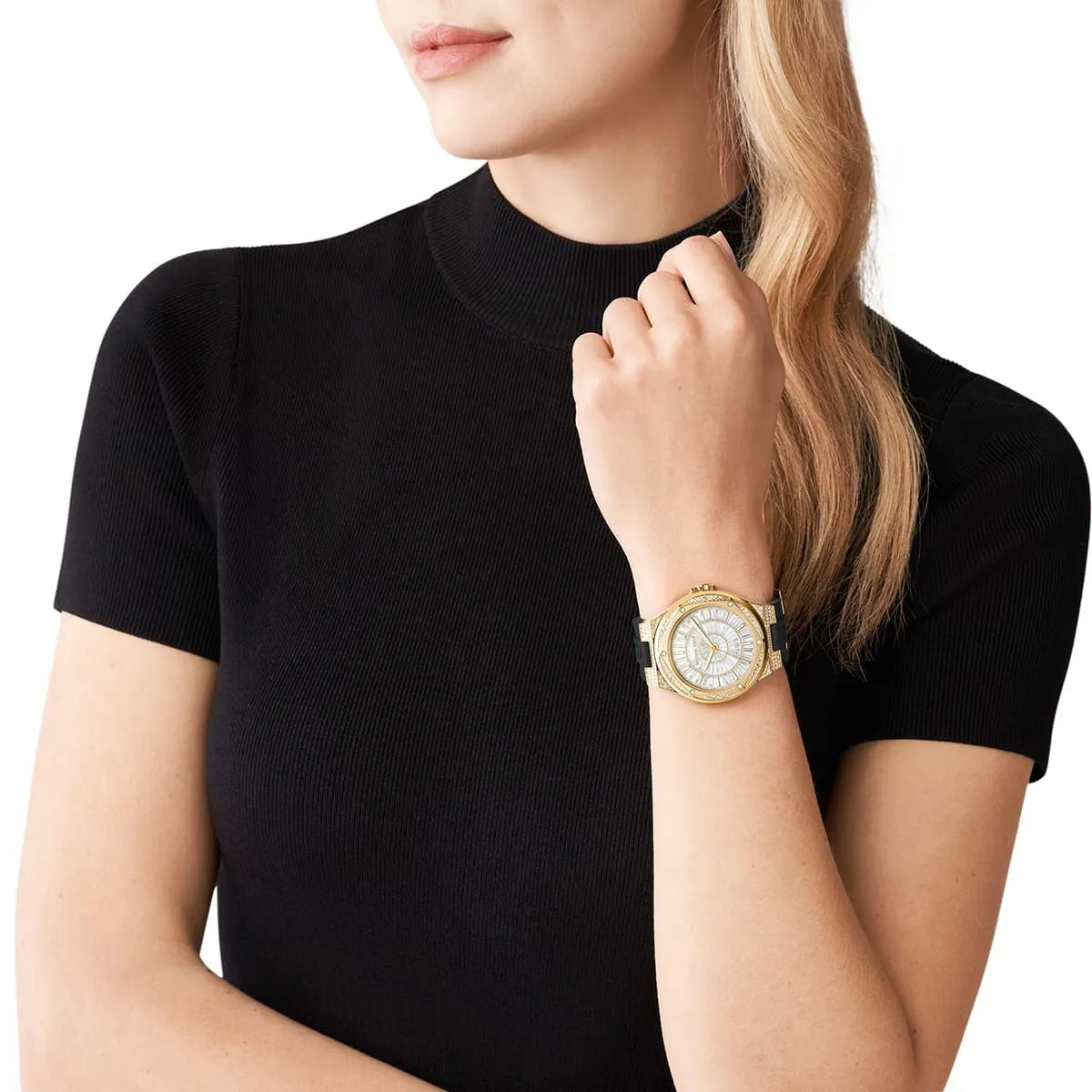 Michael Kors Lennox Baguette stone-set Dial Black Silicone Strap Women's Watch - MK7247