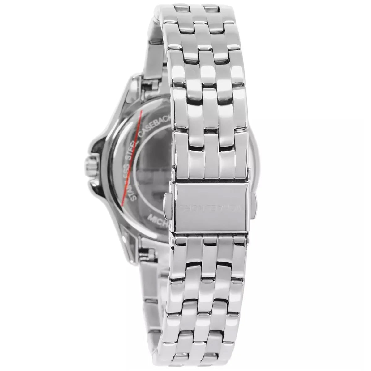 Michael Kors Mini Pilot watch angled view displaying stainless steel bracelet and caseback detail