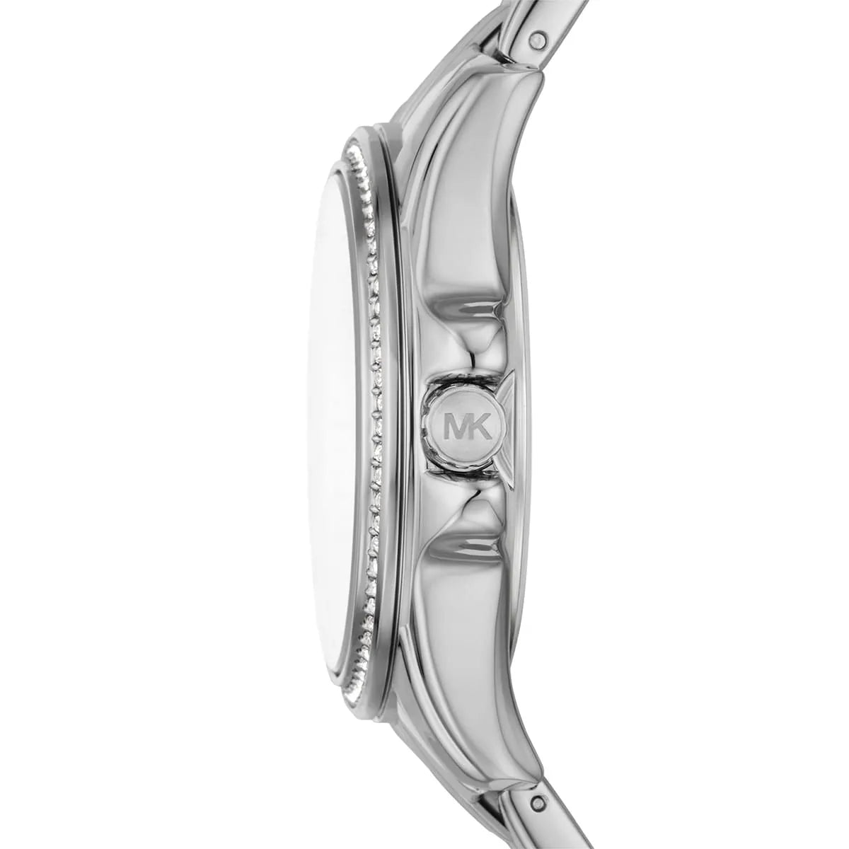 Michael Kors MK7368 watch side profile showing silver stainless steel case and crystal bezel