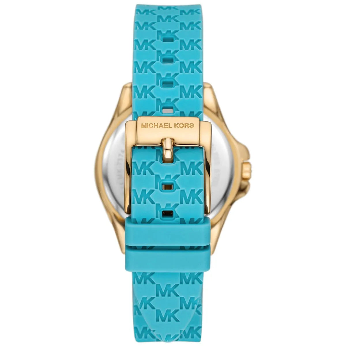 Michael Kors Mini Pilot watch caseback and strap view with turquoise logo silicone band and gold-tone buckle