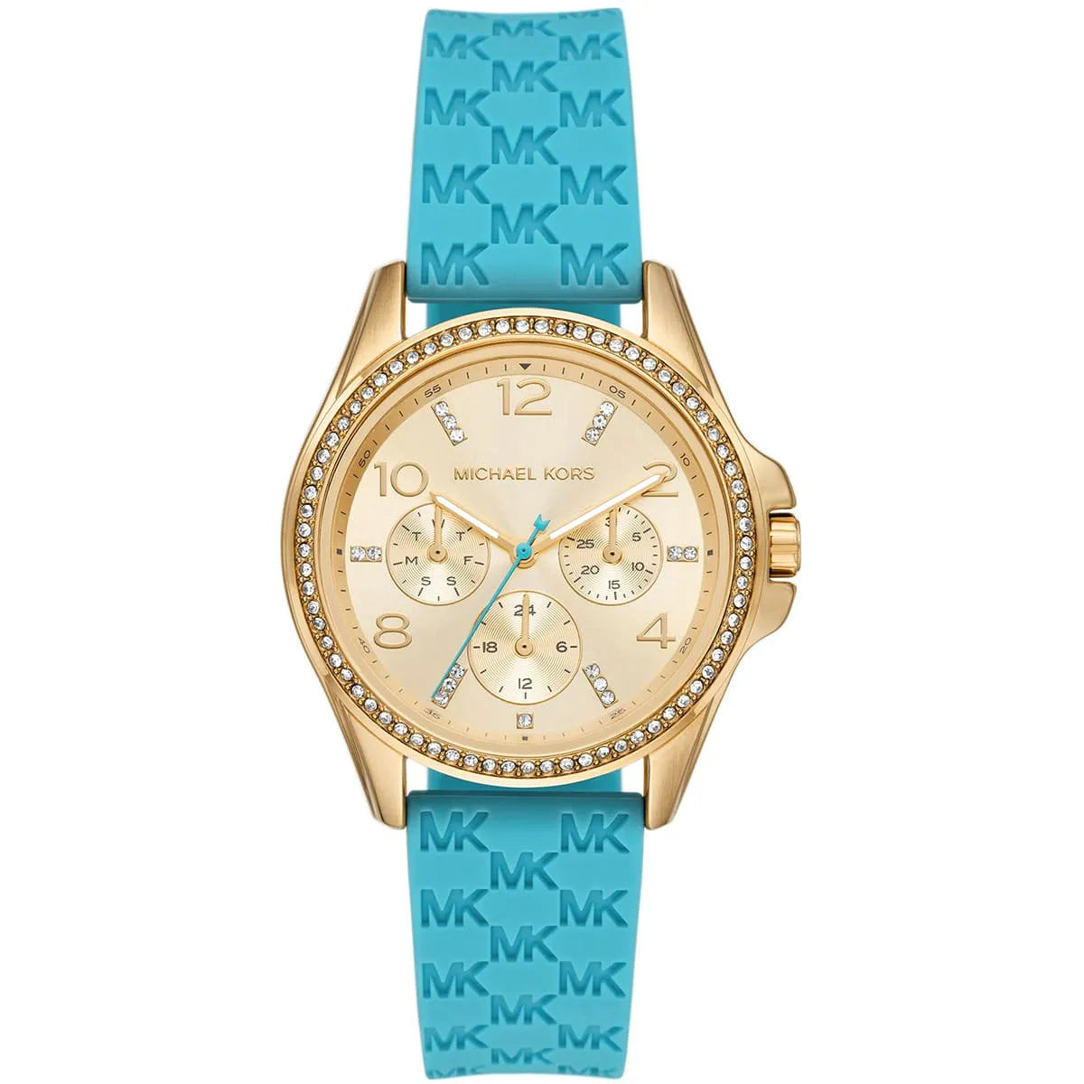Michael Kors Mini Pilot gold-tone watch with champagne dial, crystal bezel, chronograph subdials, and turquoise logo silicone strap