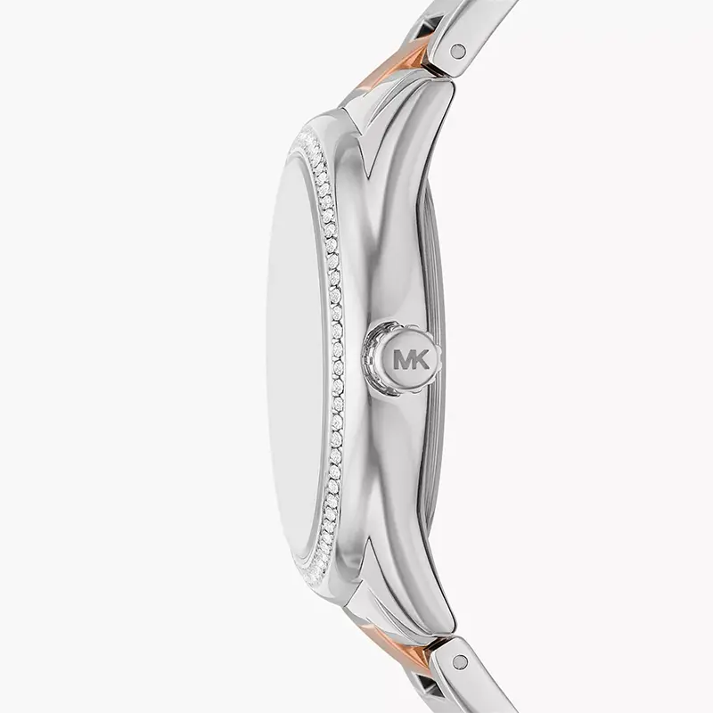 Michael Kors Janelle watch side profile showing case thickness and crystal-accented bezel